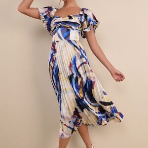 Lulus Authentically Yours Blue Multi Abstract Print Satin Midi Dress - Size S